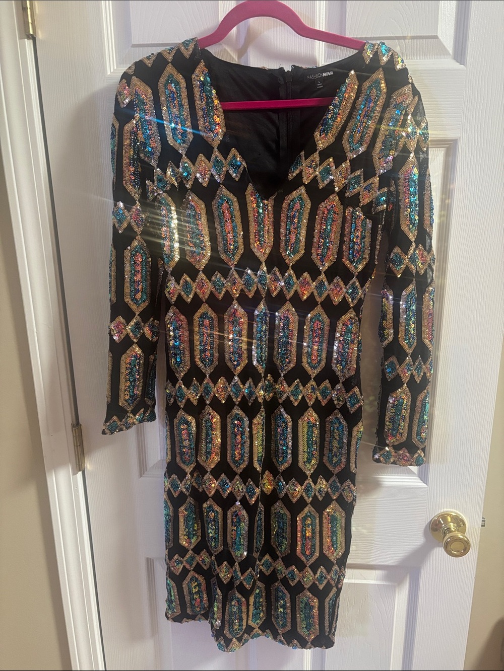 Fashion Nova Black Long Sleeve Dress with Multicolor Sequin Geo Pattern